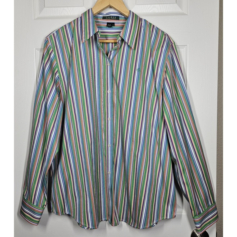 Vtg Ralph Lauren Women's Rainbow Candy Stripe Button Up Shirt Size XL 90s Preppy